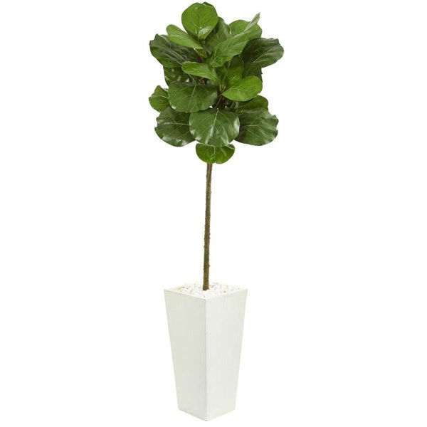 Nearly Naturals 5.5 in. Fiddle Leaf Artificial Tree in White Tower Planter 9215